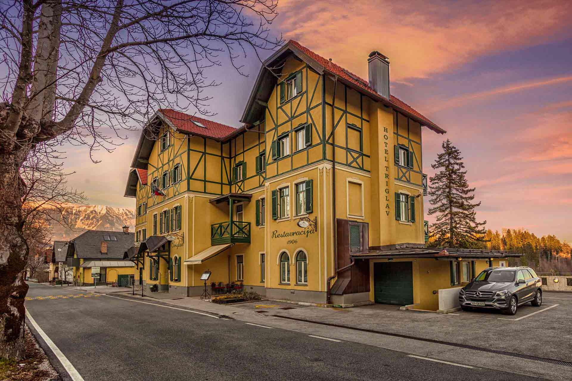 Hotel facade at sunset at Hotel Triglav Bled, Lake Bled, Slovenia