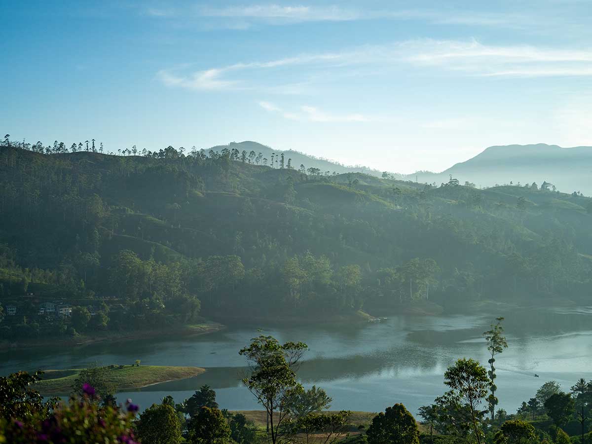 Morning mist above Castlereagh Lake and the surrounding hills near Camellia Hills, Sri Lanka