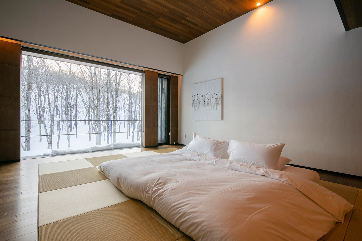 Elevated view of Zaborin Ryokan in its woodland setting, Niseko, Japan