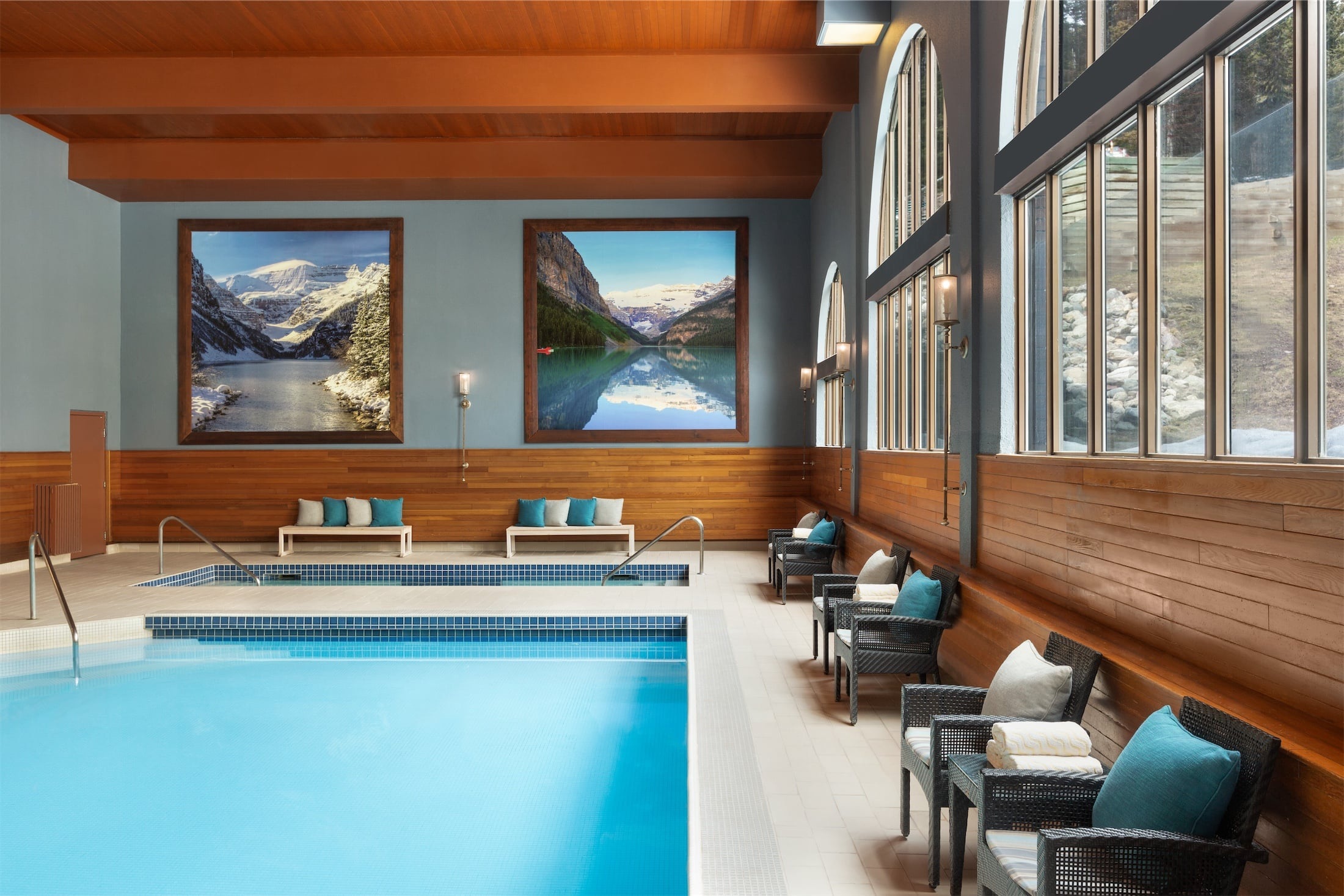 Indoor swimming pool and hot tub at Fairmont Chateau Lake Louise, Lake Louise, Canada