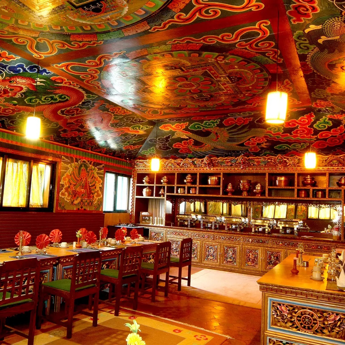 Colorfully painted lodge dining room at Yeti Mountain Home, Everest Region (Khumbu), Nepal