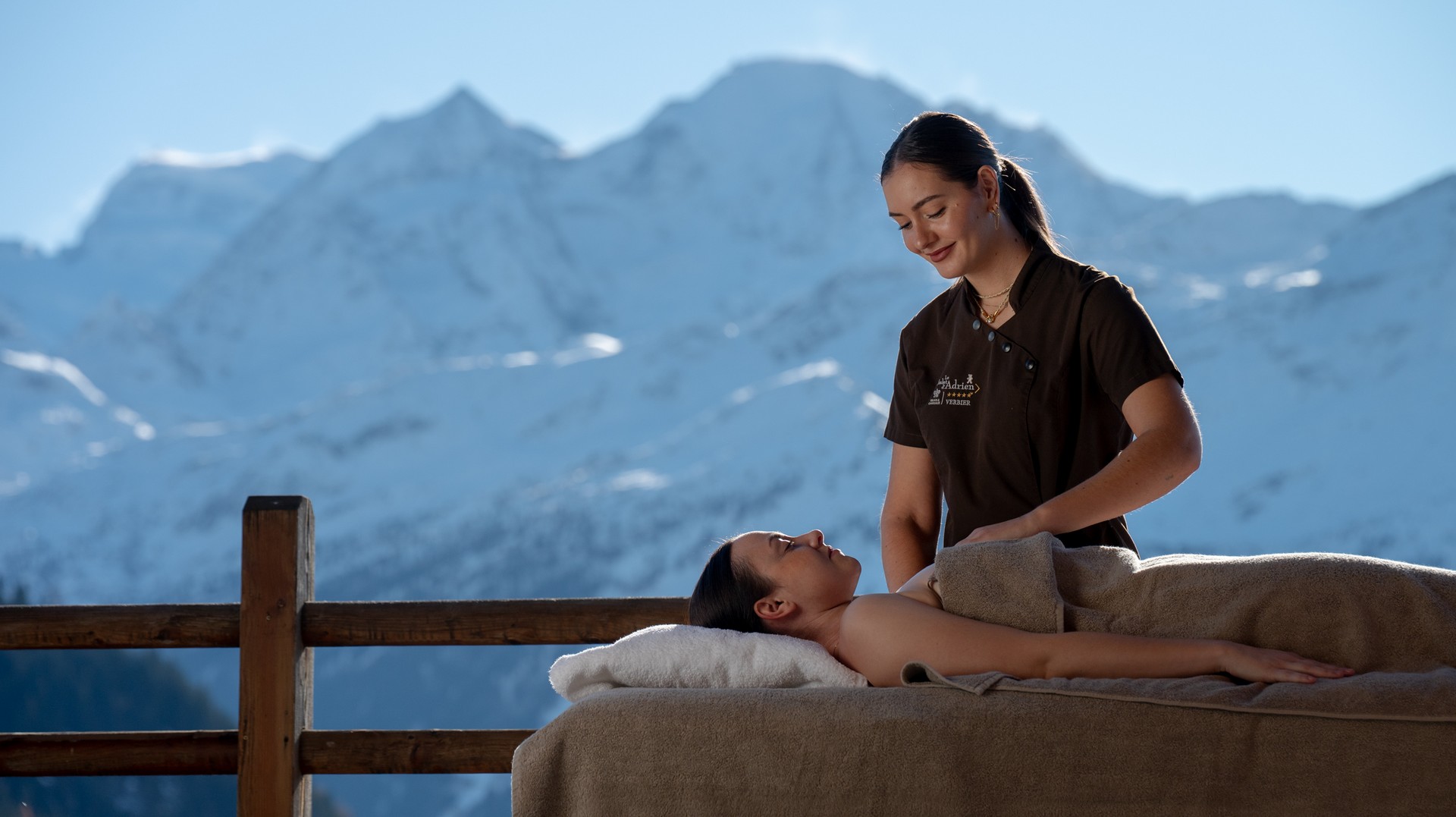 Outdoor massage terrace overlooking the Alps, Chalet d'Adrien, Verbier, Switzerland