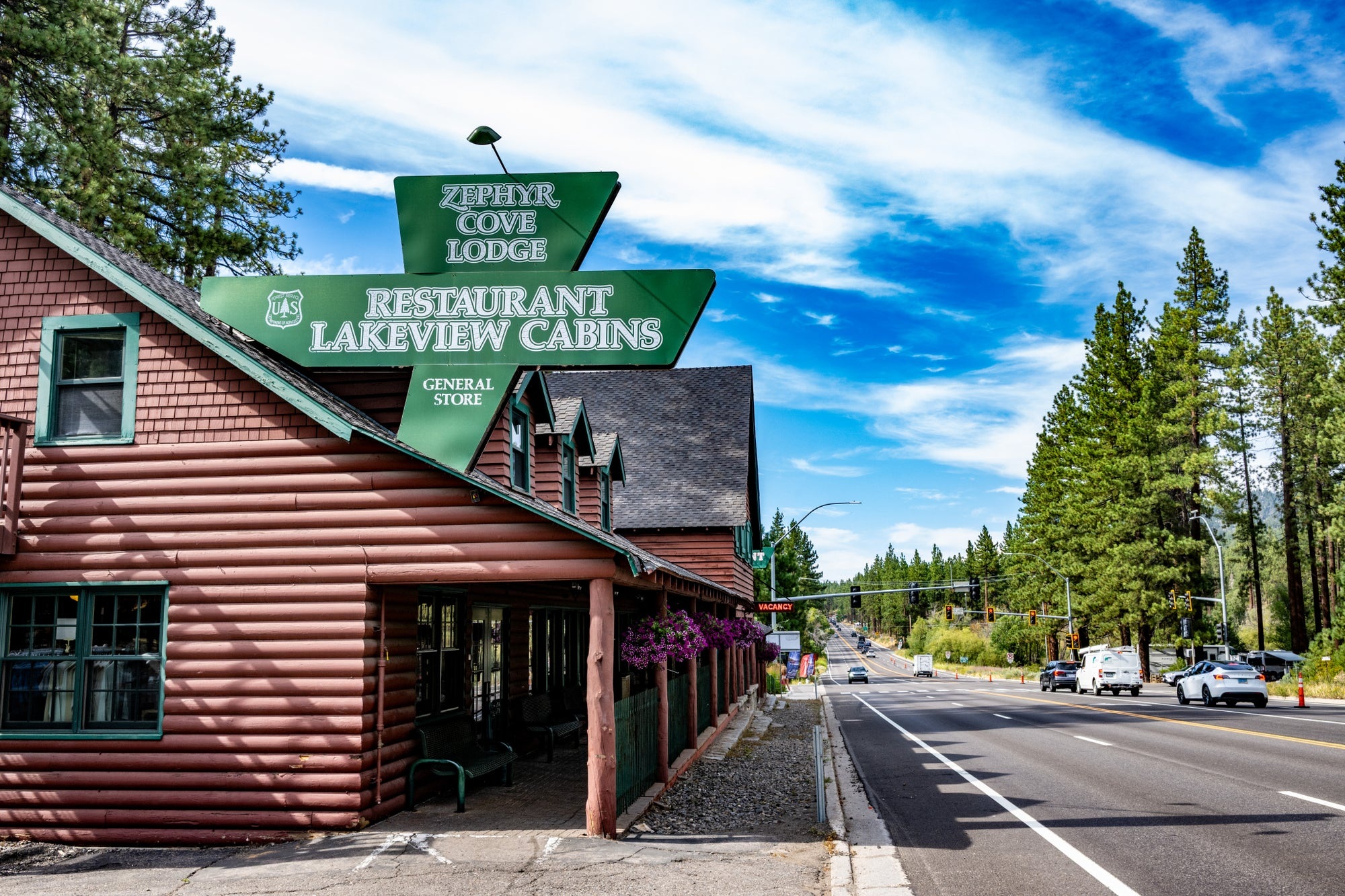 Exterior of the Zephyr Cove lodge and restaurant beside the road