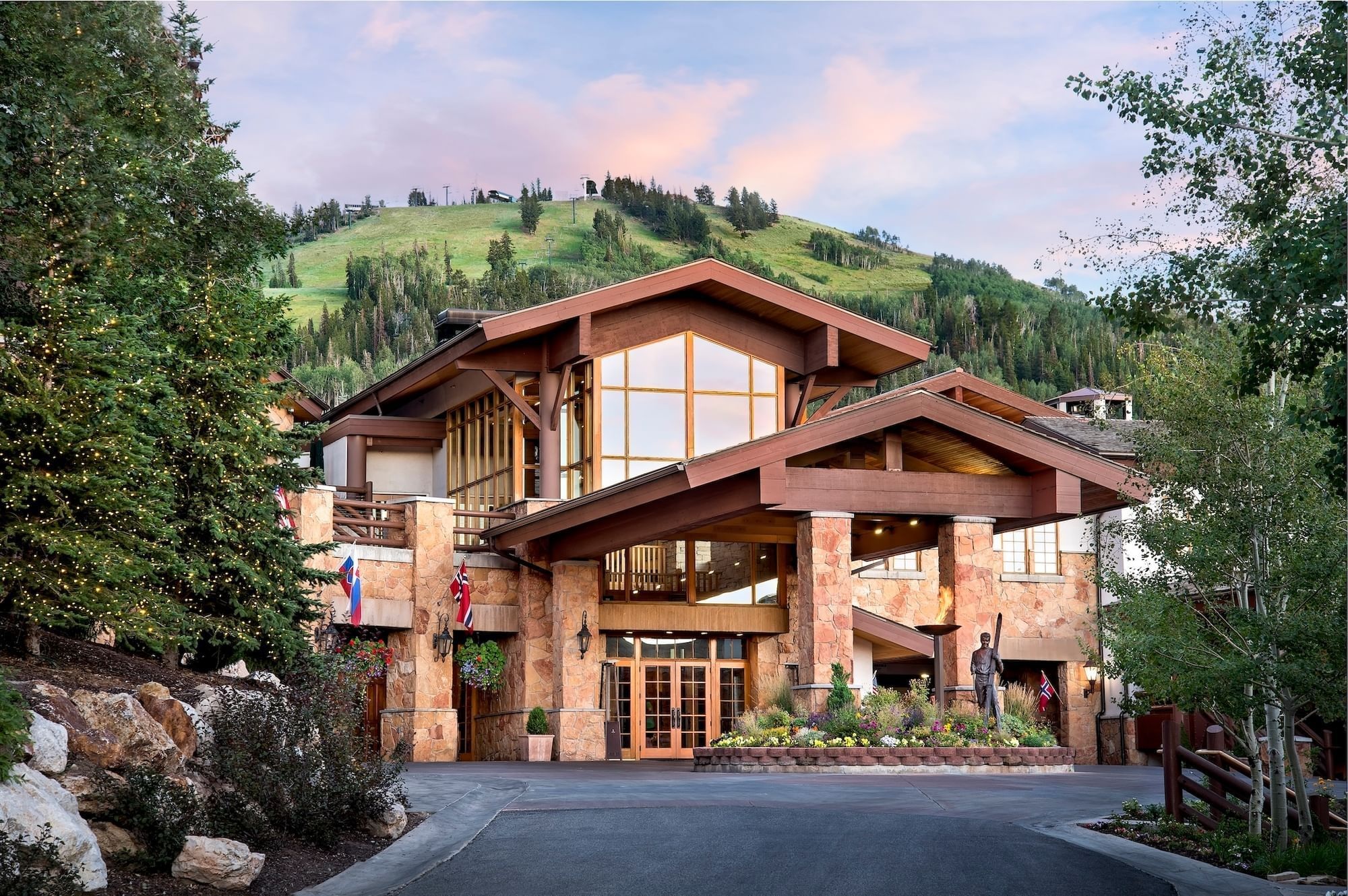 Timber-and-stone lodge entrance at Stein Eriksen Lodge, Deer Valley, USA