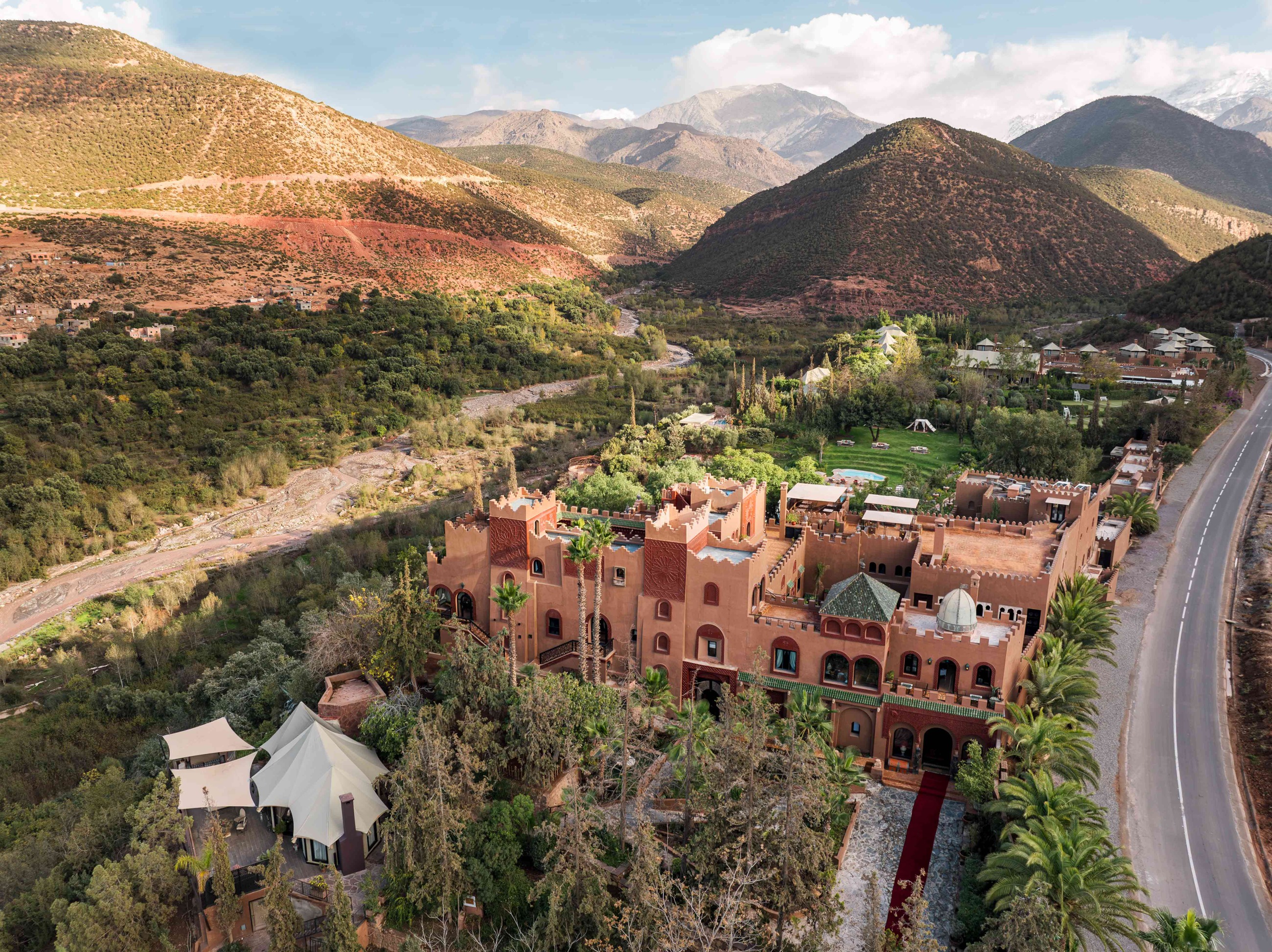 Elevated view of Kasbah Tamadot above the High Atlas valley, Atlas Mountains, Morocco