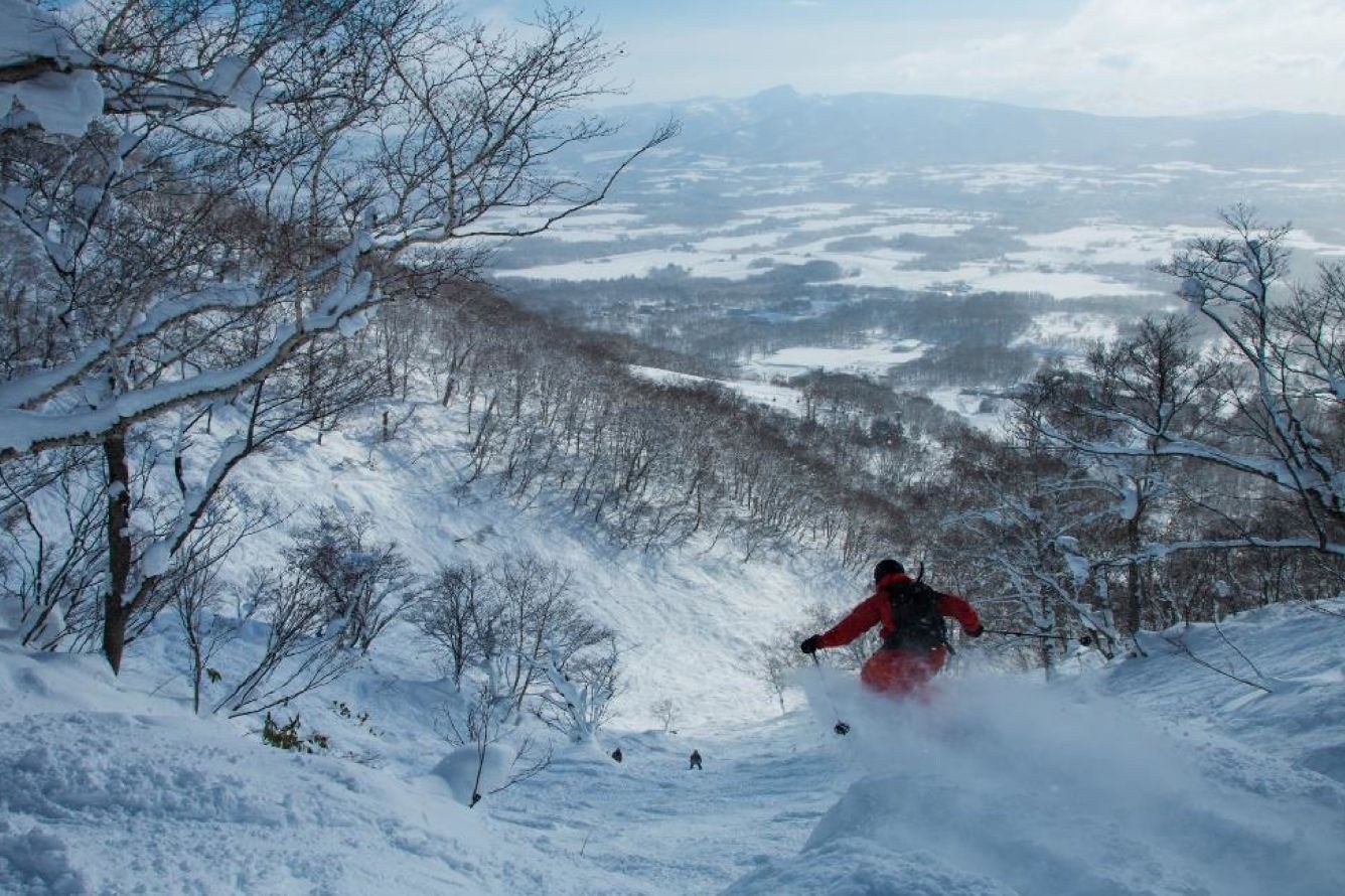 Skier in a red jacket descending deep powder between snow-covered trees, with the valley visible below, Higashiyama Niseko Village, a Ritz-Carlton Reserve