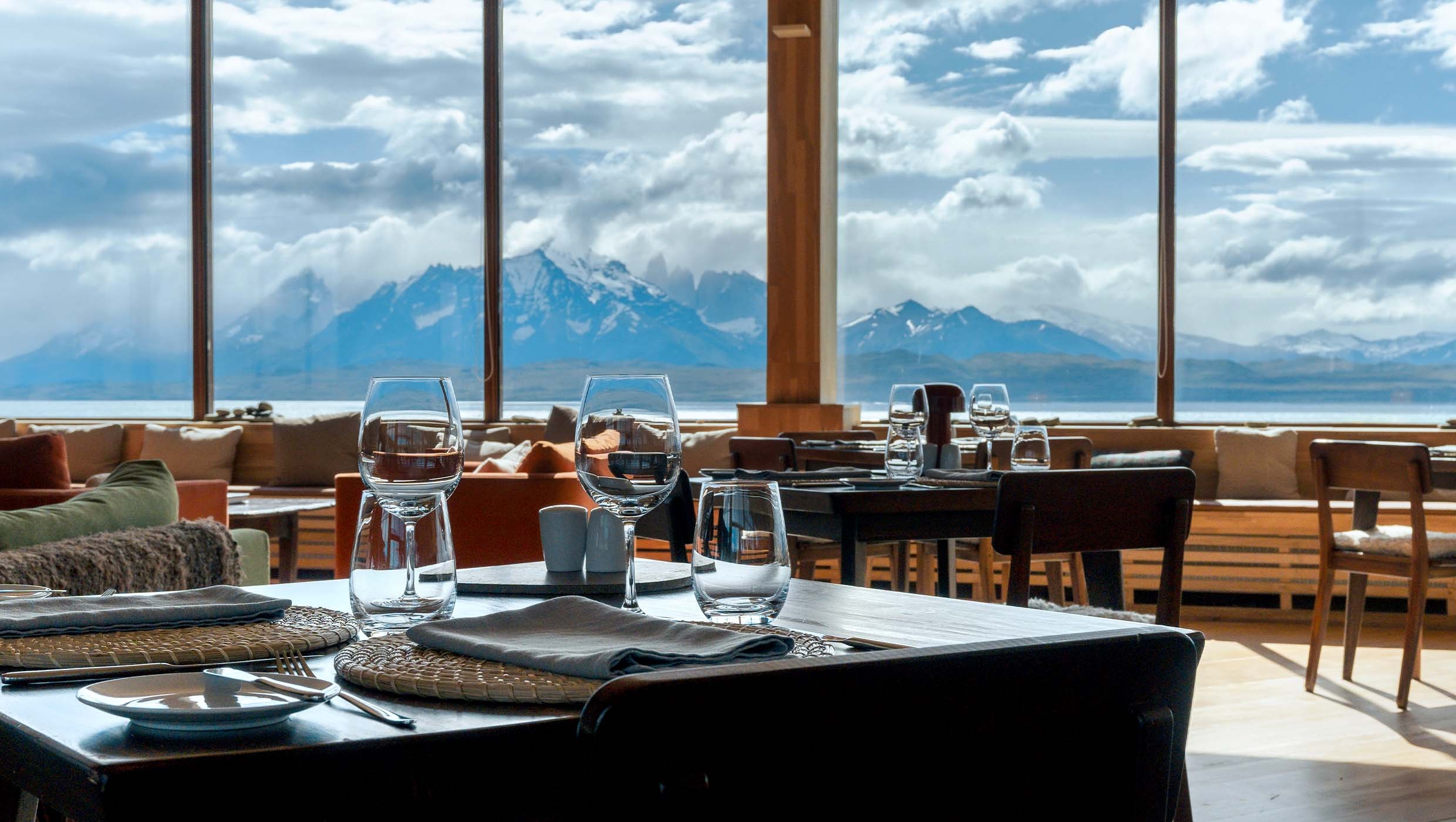 Restaurant overlooking the lake and mountains at Tierra Patagonia, Torres del Paine, Chile