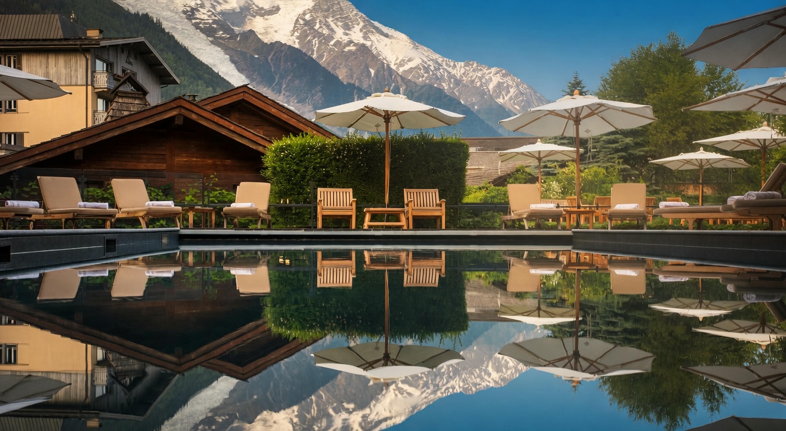 Summer swimming pool reflecting the chalet and Mont Blanc massif, Le Hameau Albert 1er, Chamonix, France