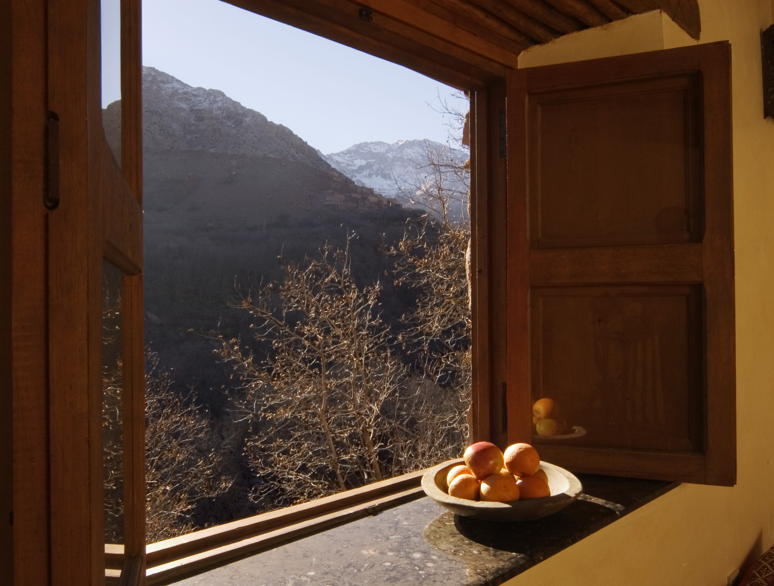 View from the apartment suite toward the High Atlas mountains at Kasbah du Toubkal, Atlas Mountains, Morocco