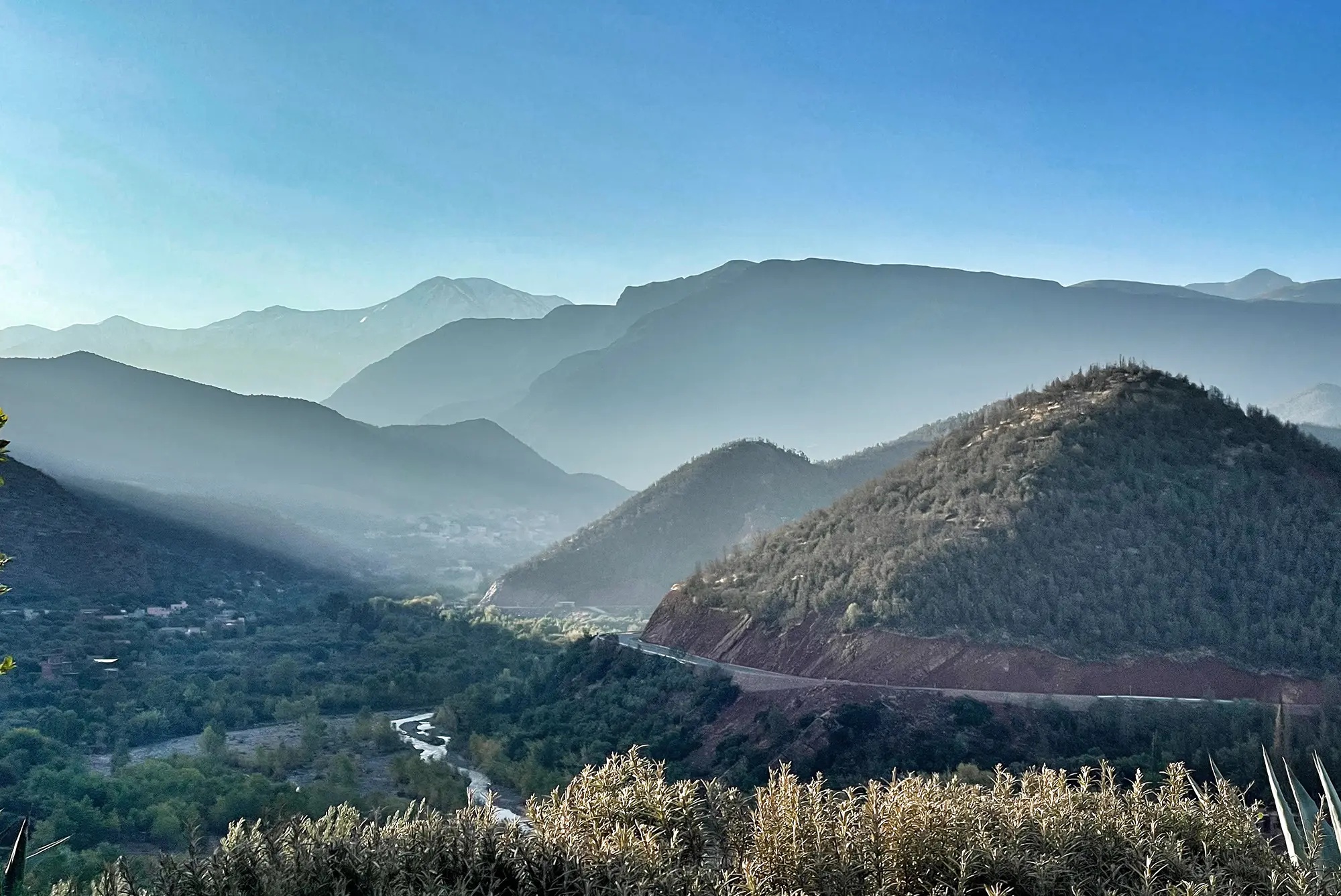 Layered mountain and valley landscape at Kasbah Bab Ourika, Ourika Valley, Morocco