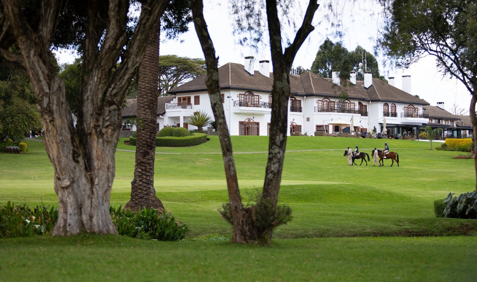 Tree-framed exterior overlooking the expansive lawn, Fairmont Mount Kenya Safari Club, Nanyuki, Kenya