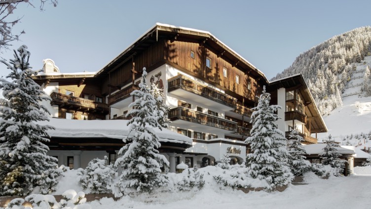 Hotel La Perla in a snowy Dolomites setting, Corvara, Italy