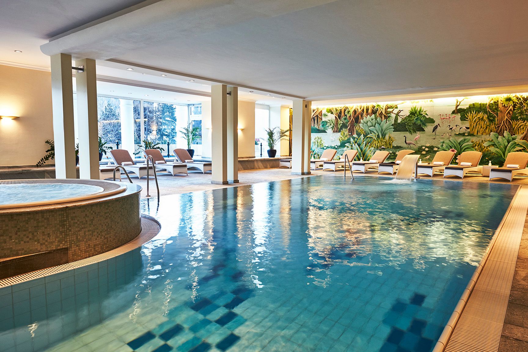 Indoor spa pool and loungers, Steigenberger Icon Grandhotel Belvédère, Davos, Switzerland