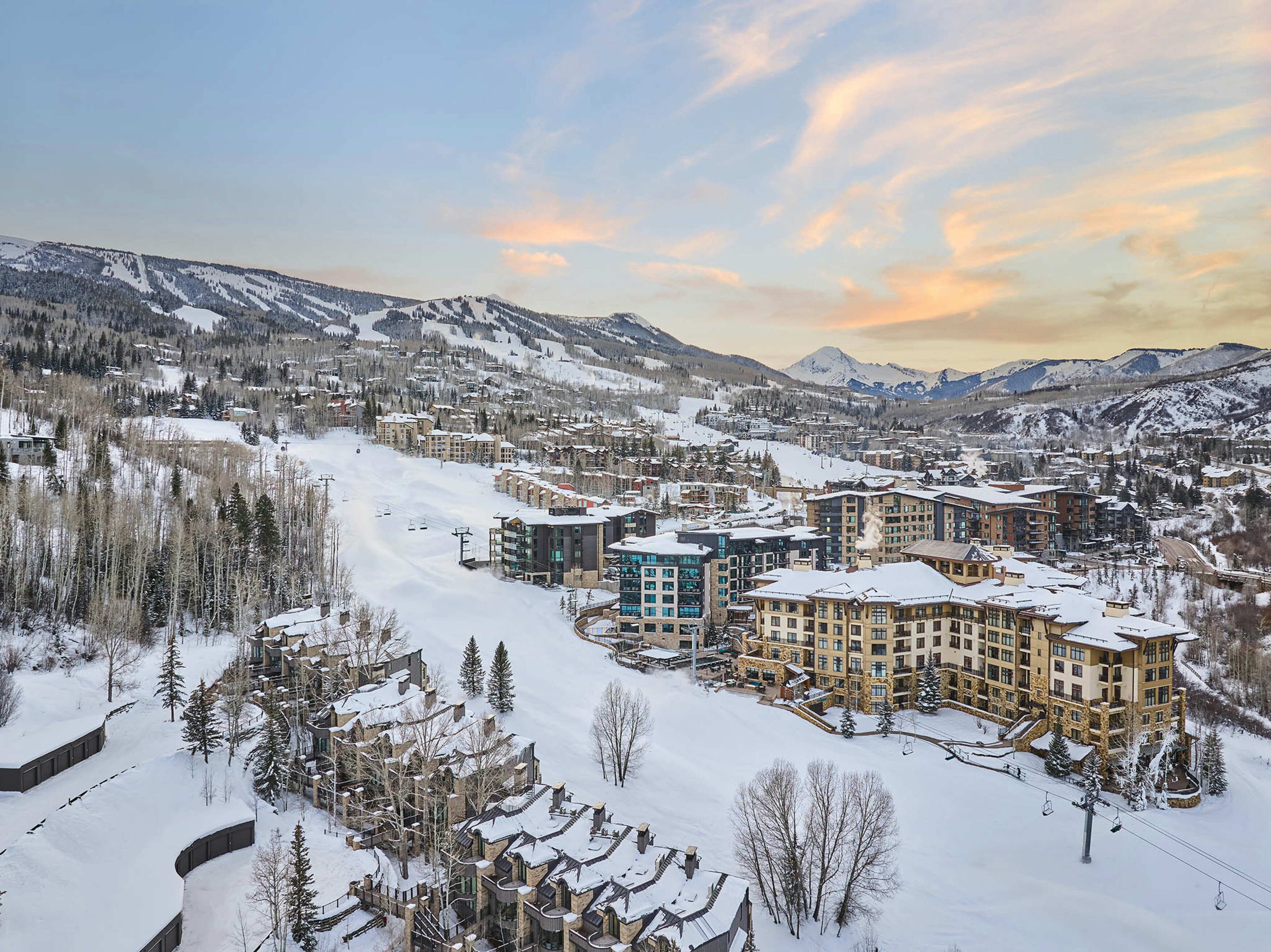 Snow-covered Viceroy Snowmass beside the ski slopes in Snowmass Village, Colorado.