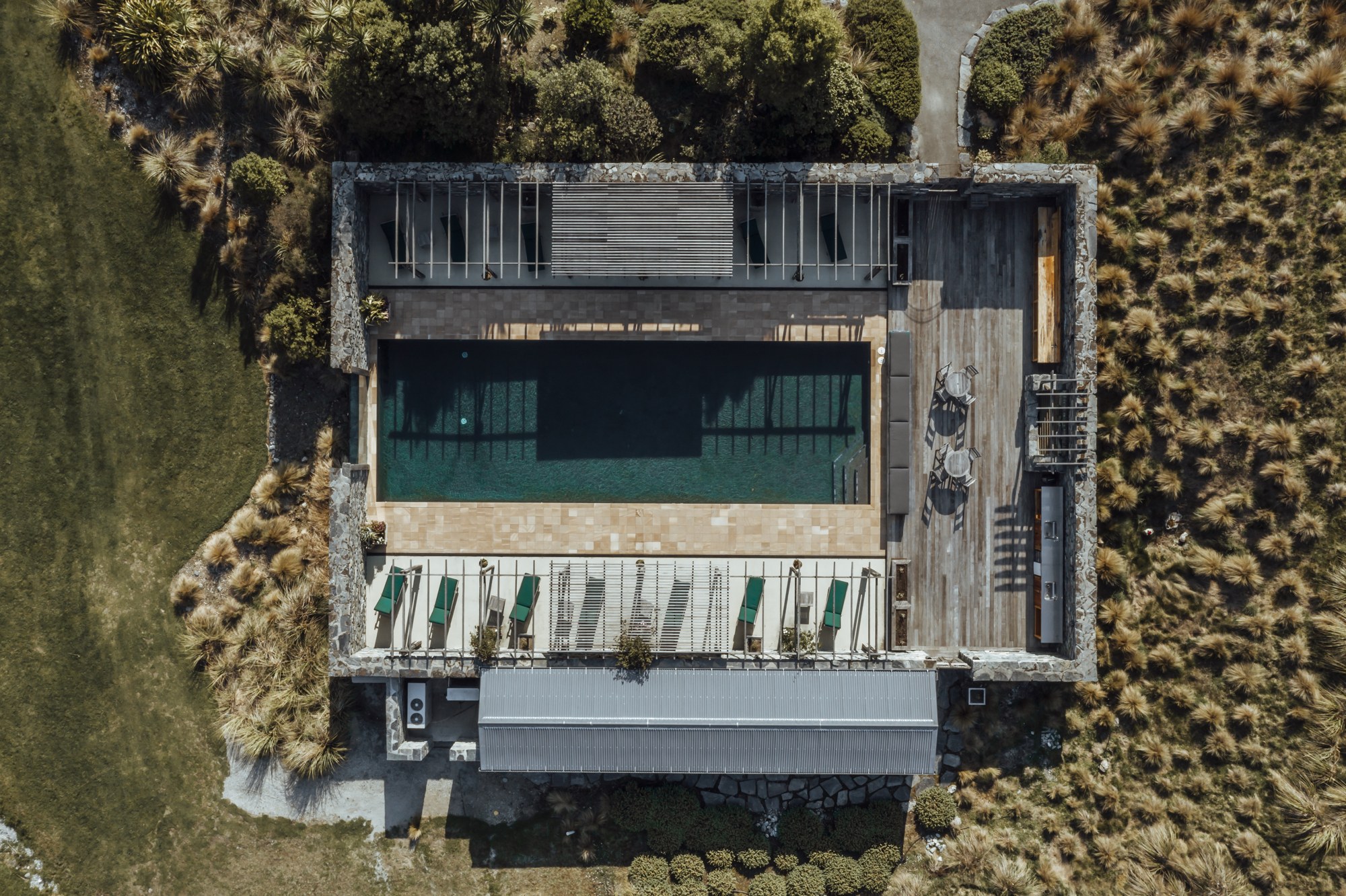 Aerial view of the outdoor swimming pool at Blanket Bay