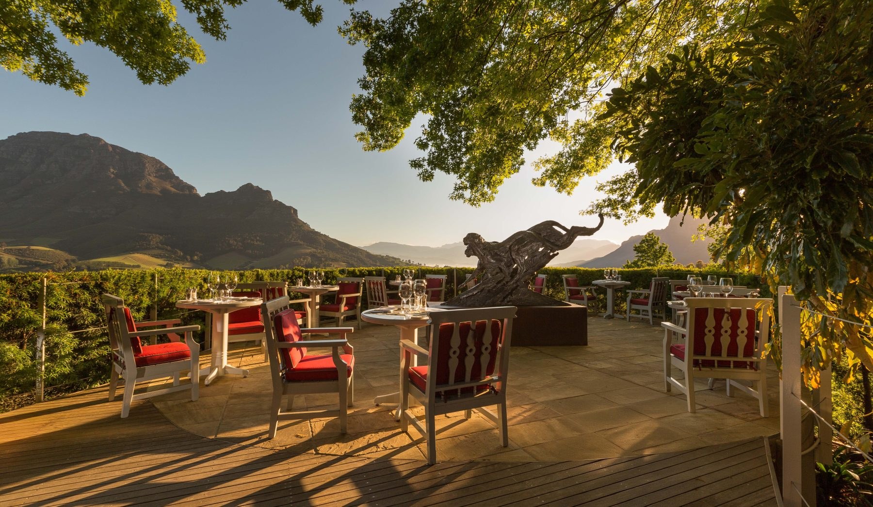 Outdoor restaurant tables shaded by trees with mountain views at Delaire Graff Estate.