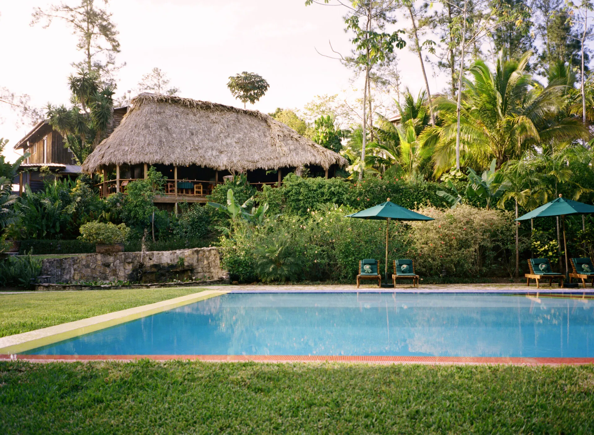 Swimming pool below a thatched pavilion, Blancaneaux Lodge, Mountain Pine Ridge, Cayo, Belize
