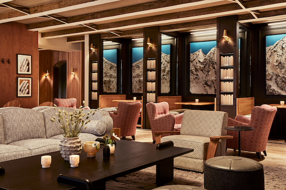 Timber Room lounge seating and fireplace at Madeline Hotel & Residences, Telluride, USA