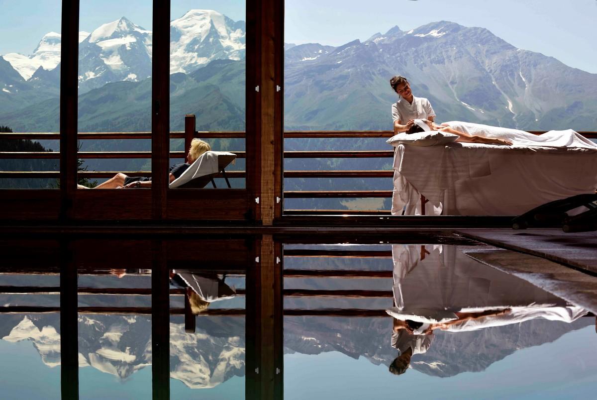 Poolside massage with mountain views, Chalet d'Adrien, Verbier, Switzerland