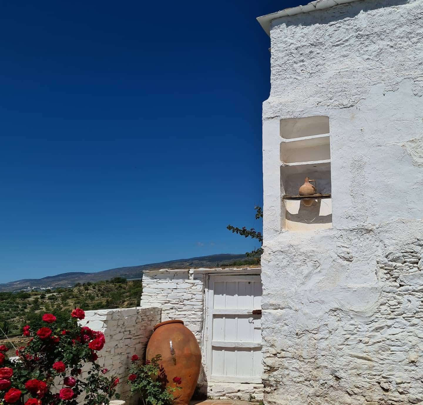 Whitewashed walls and flower pots at Las Chimeneas in Mairena