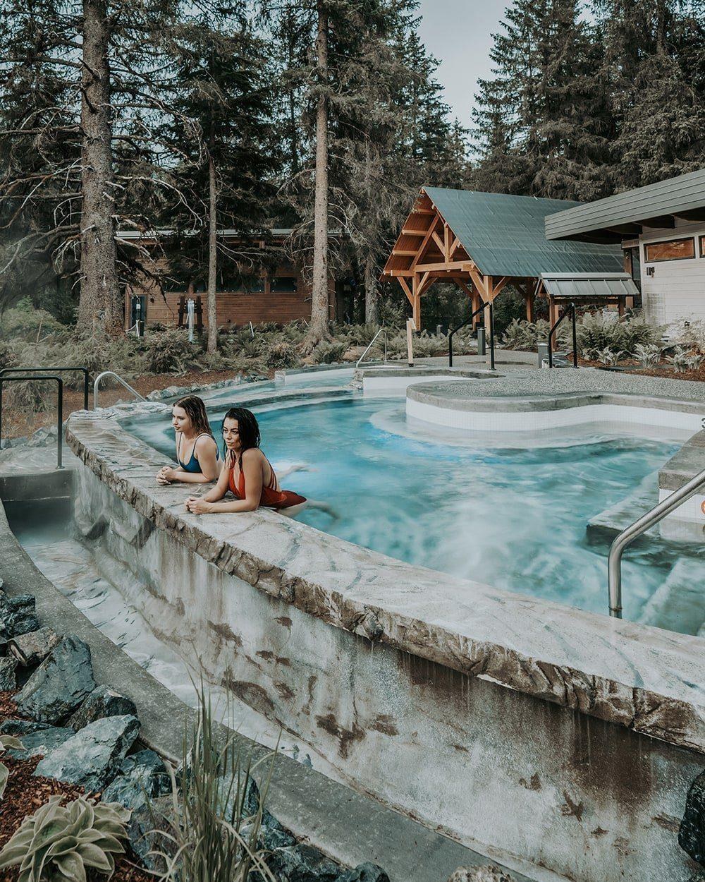Outdoor Nordic Spa pool surrounded by forest, Alyeska Resort, Alaska, USA