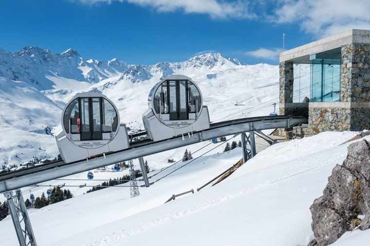Circular cabins of the private Tschuggen Express mountain railway