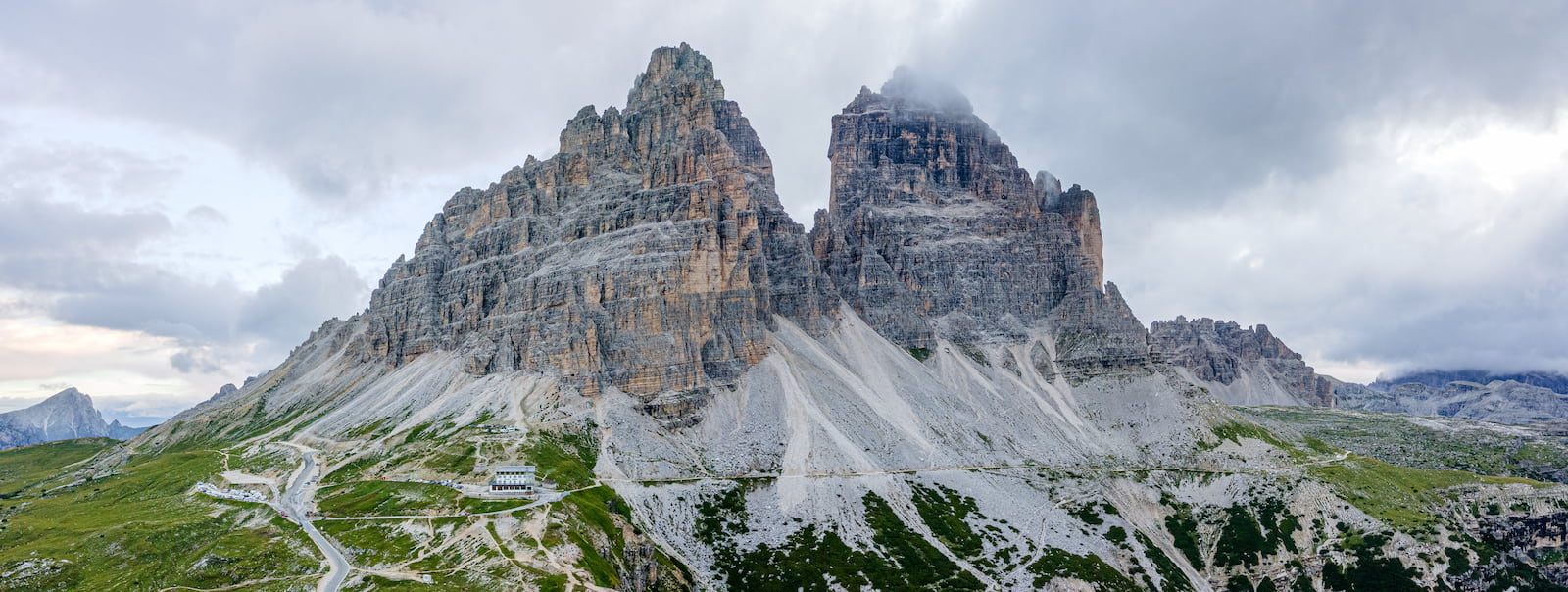 Rocky Dolomite peaks and trails near the refuge at Rifugio Auronzo, Tre Cime di Lavaredo, Italy