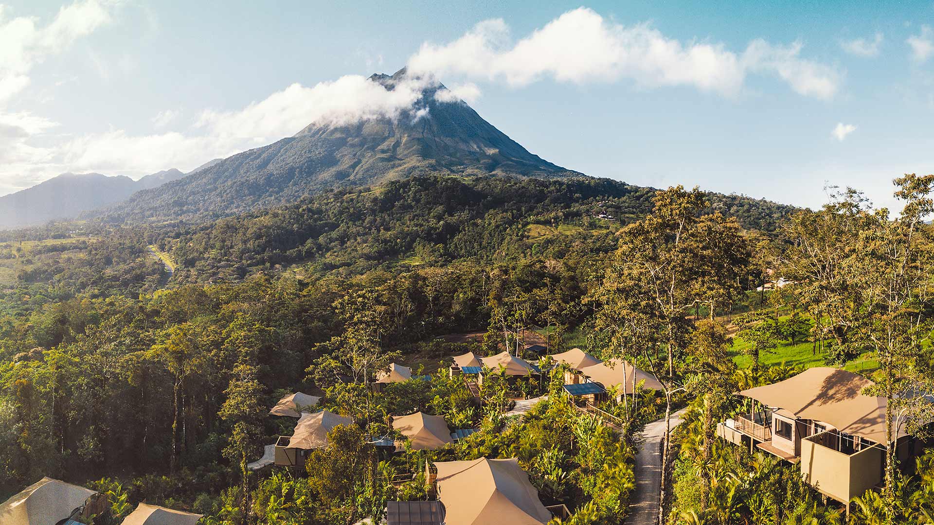 Aerial view of tented villas beneath Arenal Volcano, Nayara Tented Camp, Arenal, Costa Rica
