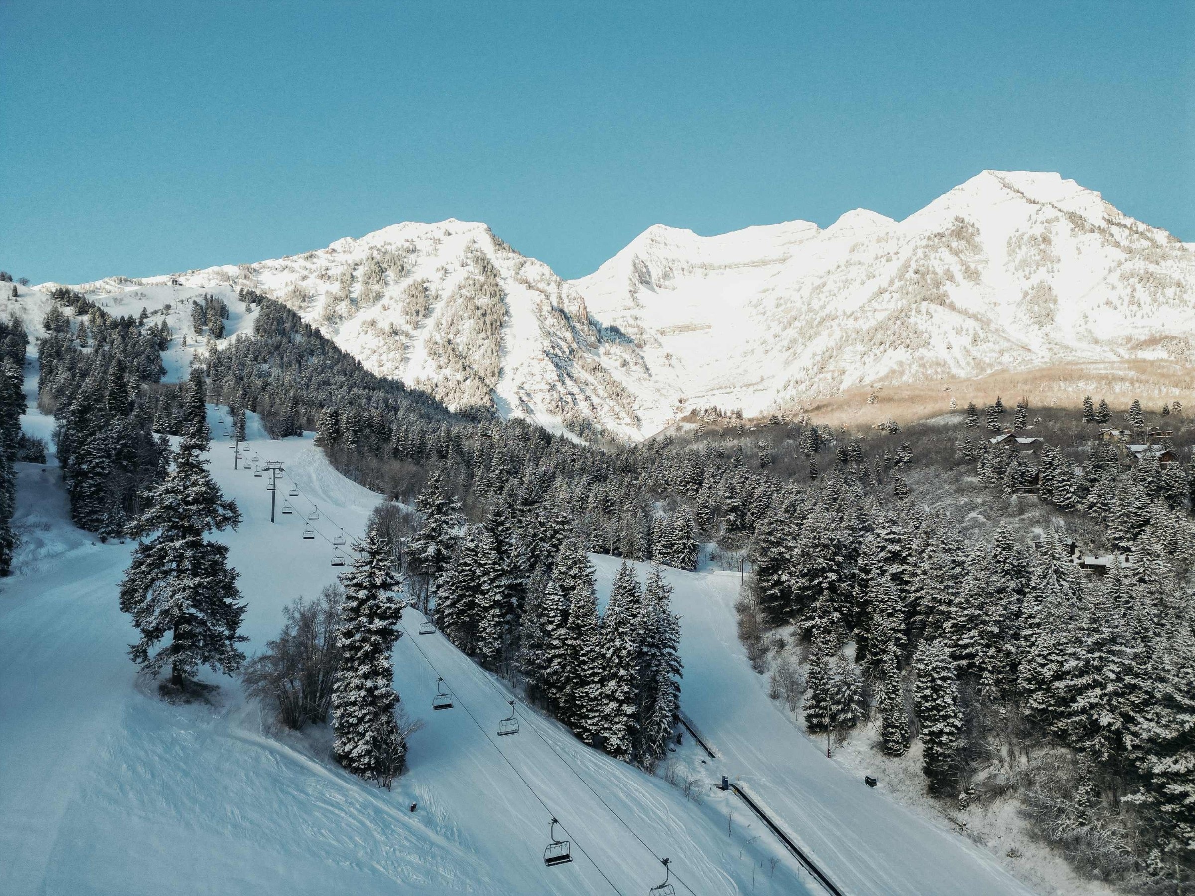 Snowy mountain slopes at the resort at Sundance Mountain Resort, Sundance, USA