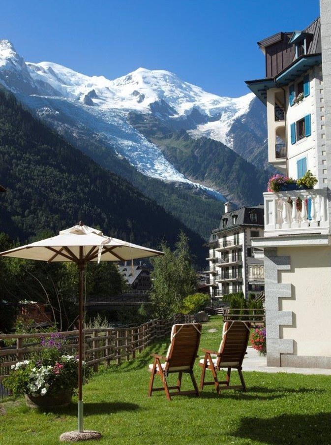 Garden terrace beside the hotel with views of the Mont Blanc massif, Grand Hôtel des Alpes, Chamonix, France
