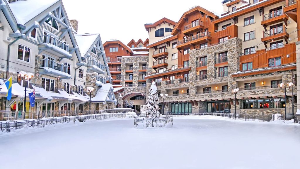 Snow-covered exterior of Madeline Hotel & Residences in Mountain Village, Telluride, USA