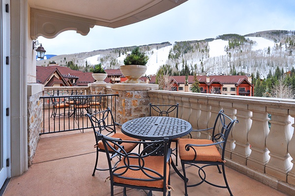 Private outdoor terrace overlooking Lionshead Village at The Arrabelle at Vail Square.