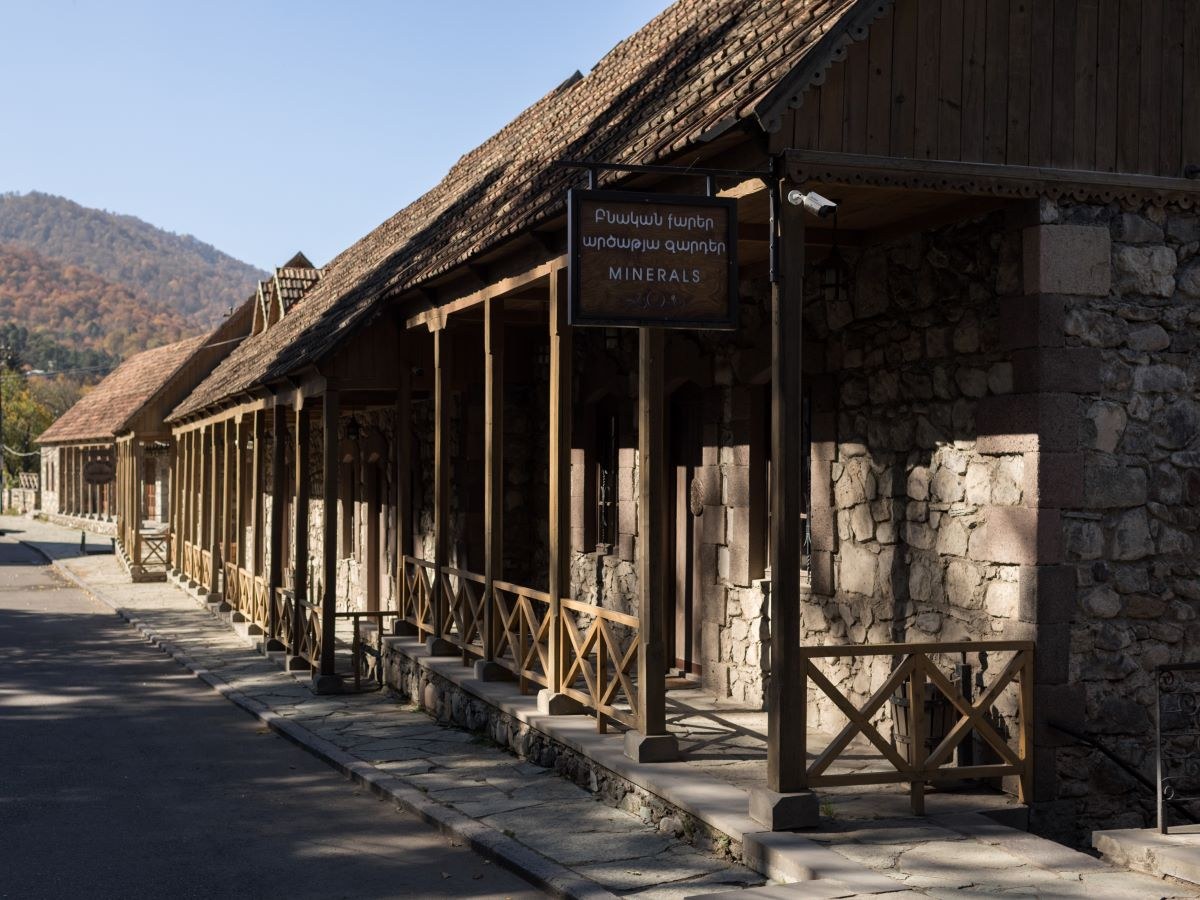 Timber balconies and restored street at Tufenkian Old Dilijan Complex
