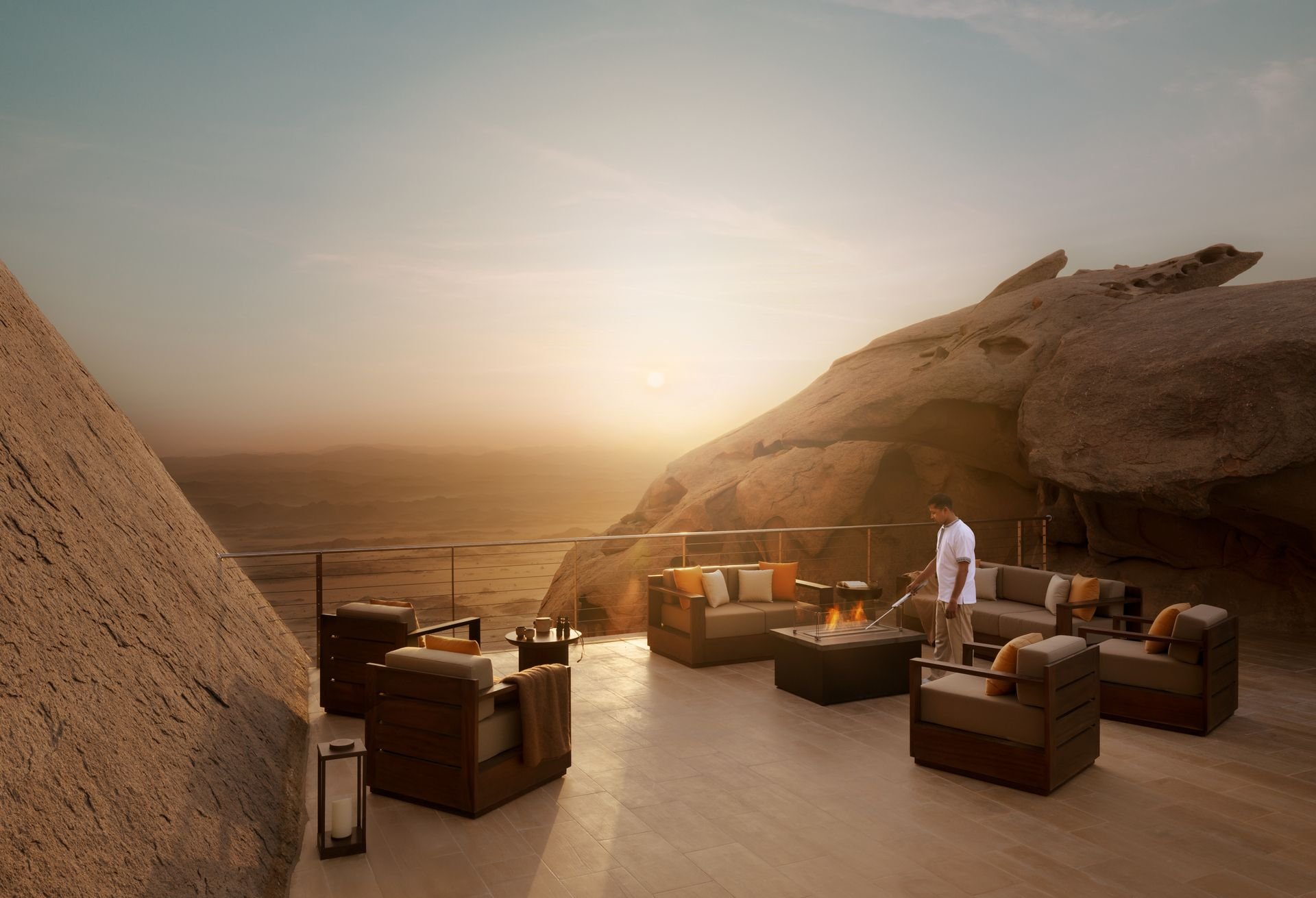 The Observatory terrace at Desert Rock at sunset, high above the Hejaz Mountains