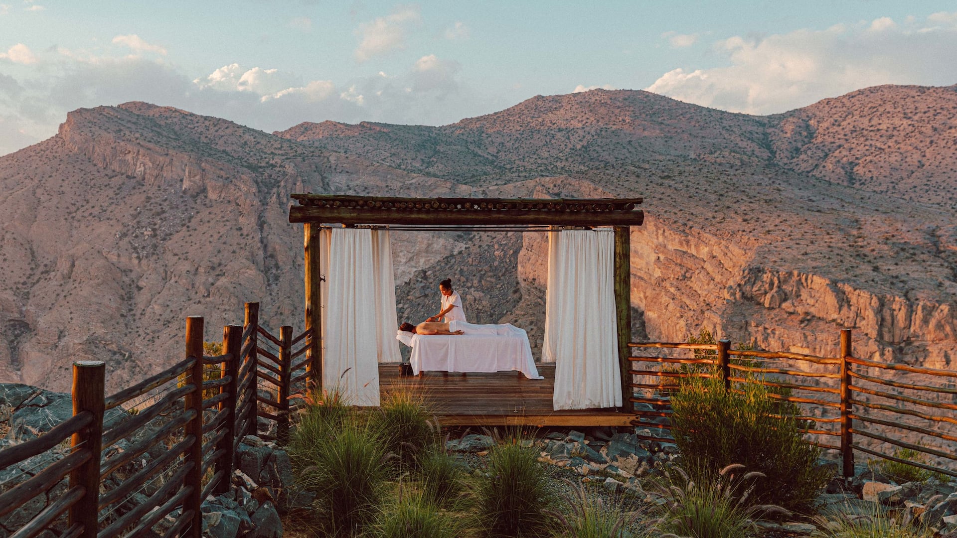 Open-air cliffside spa pavilion with a massage treatment overlooking the canyon, Alila Jabal Akhdar, Jebel Akhdar, Oman