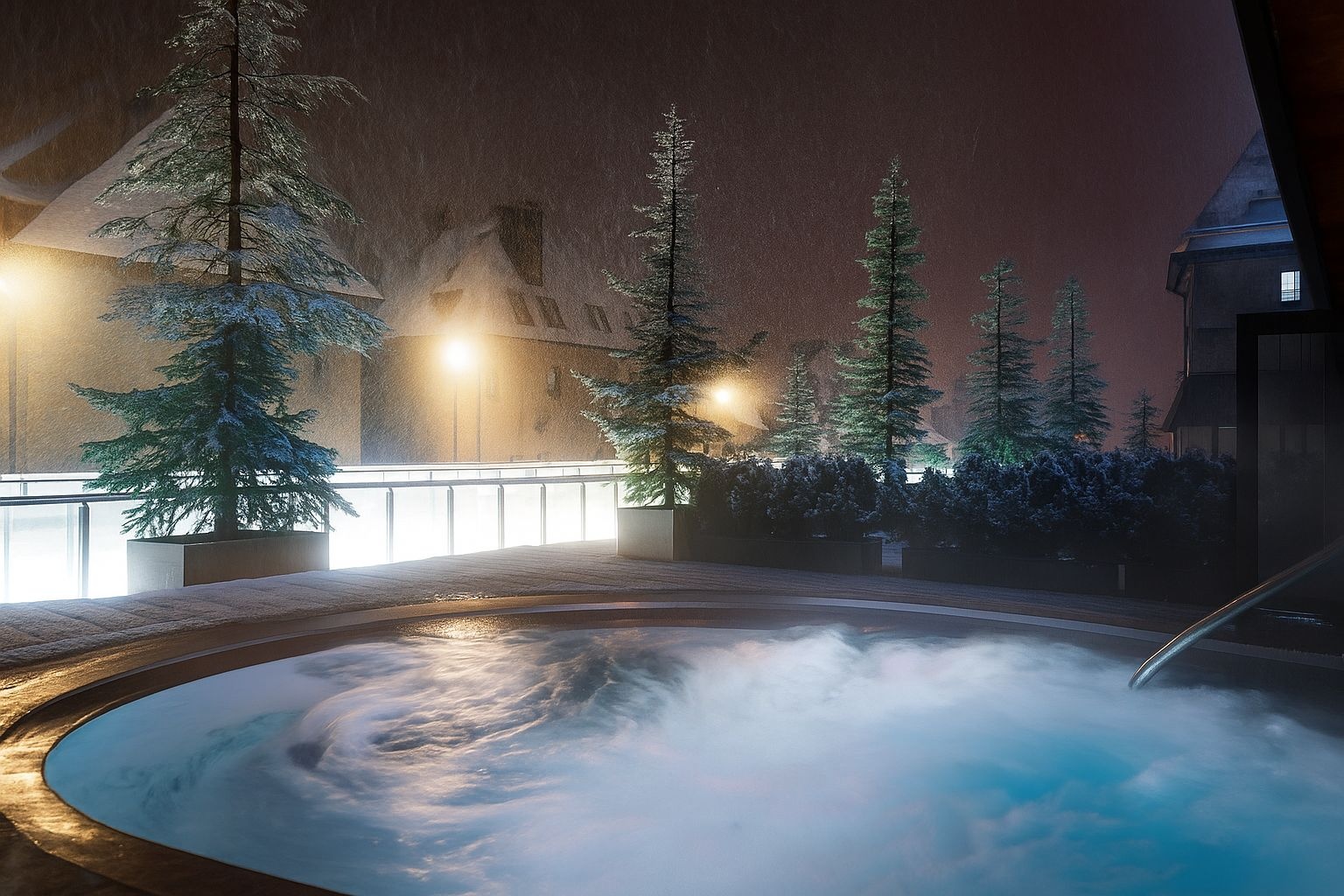 Outdoor hot tub at night in snowy surroundings at Hotel Val de Neu, Baqueira-Beret, Spain