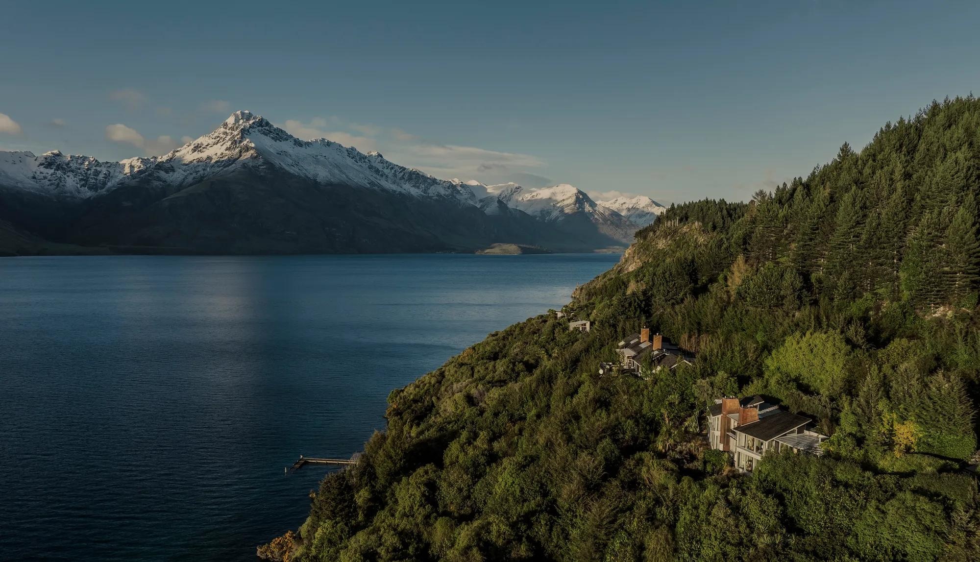 Aerial view of the lodge beside Lake Wakatipu at Matakauri Lodge, Queenstown, New Zealand