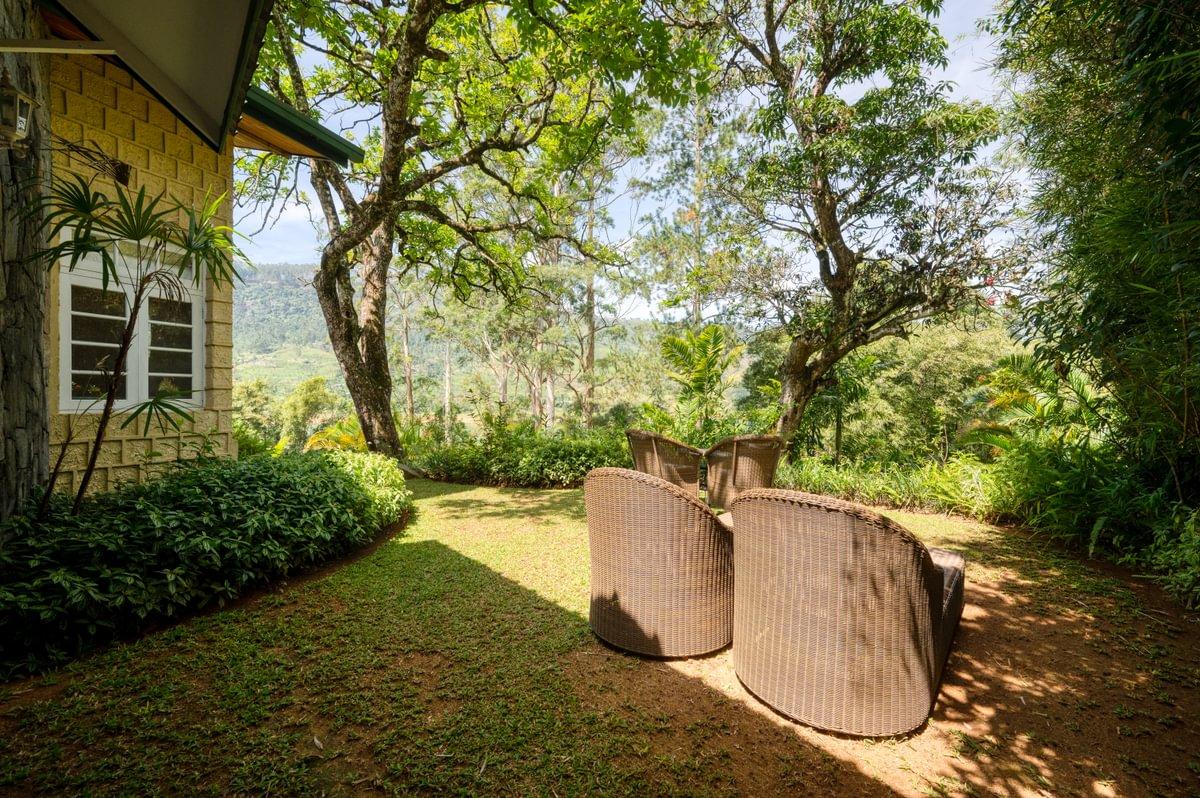 Wicker garden chairs beside a bungalow exterior and leafy lawn, Ceylon Tea Trails, Hatton, Sri Lanka