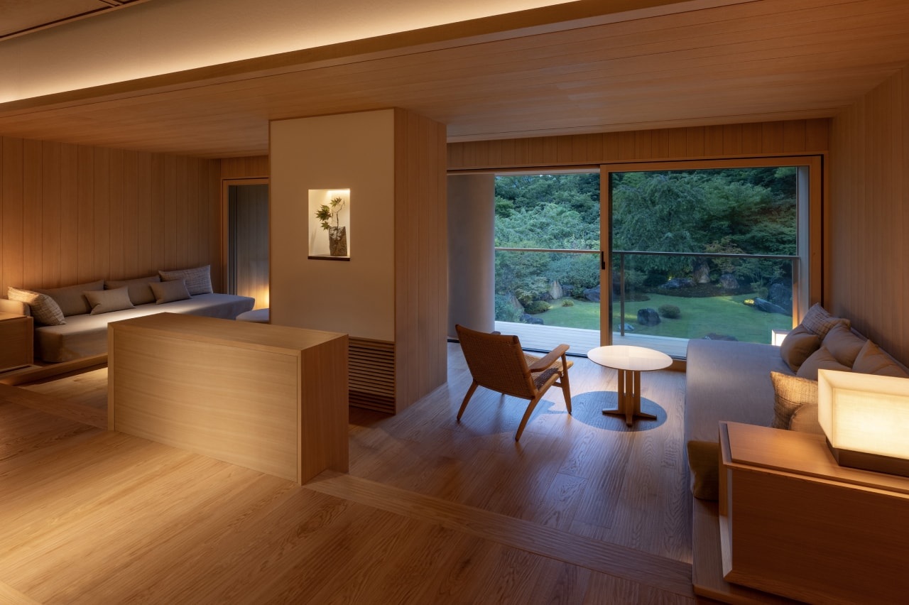 Contemporary suite living area facing a garden at Gora Kadan, Hakone, Japan