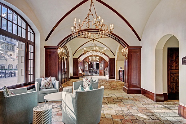The Arrabelle vaulted lobby with stone fireplace