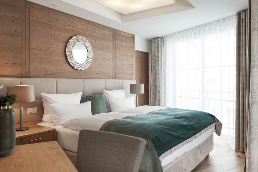 Guest bedroom at Schlosshotel Fiss, Tyrol, Austria