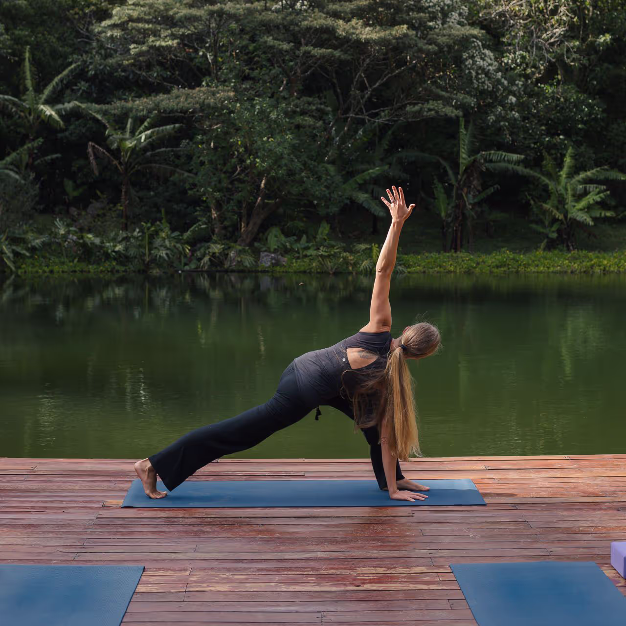 Outdoor yoga beside the spring-water pond, Hotel Belmar, Monteverde, Costa Rica