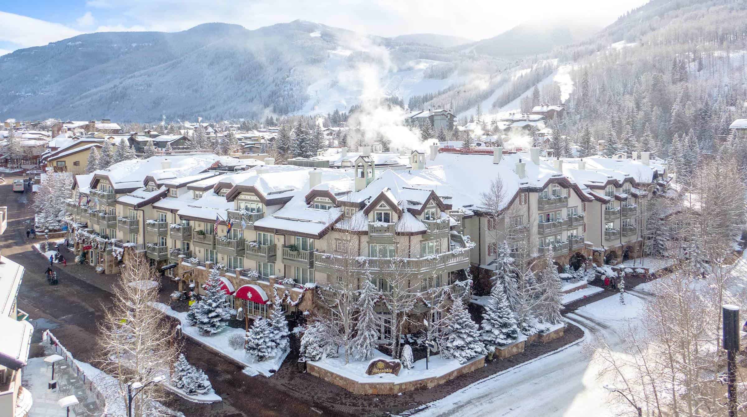 Alpine village rooftops under fresh snow